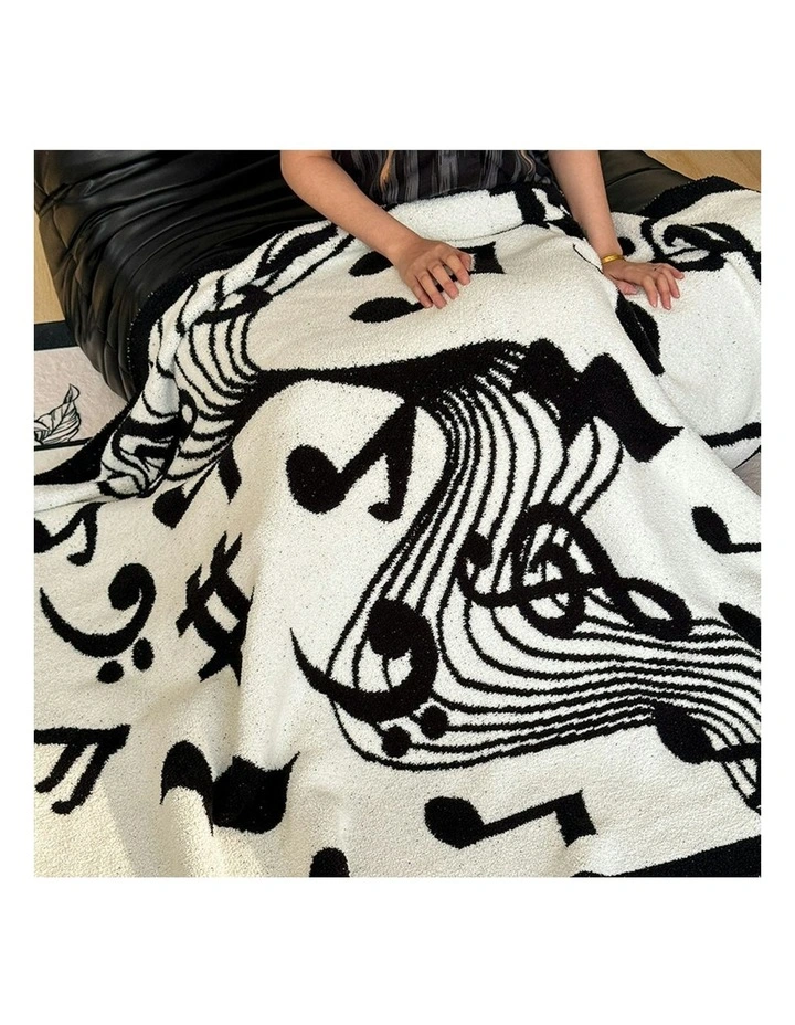 Musical Note Half Fleece Soft Cozy Throw Blanket 2X 130x160cm in Black/White image 3