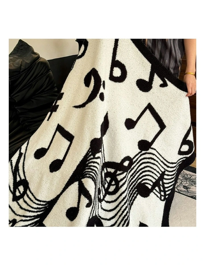 Musical Note Half Fleece Soft Cozy Throw Blanket 2X 130x160cm in Black/White image 4
