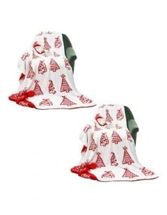Christmas Tree Half Fleece Throw Blanket 2X 130x170cm in Red/White