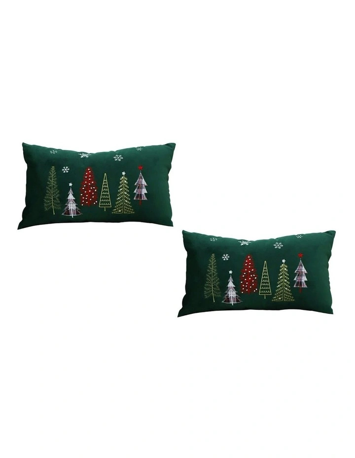 Christmas Forest Embroidered Lumbar Throw Pillow 30cm x2 in Green image 1