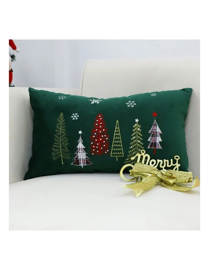 Christmas Forest Embroidered Lumbar Throw Pillow 30cm x2 in Green image 2