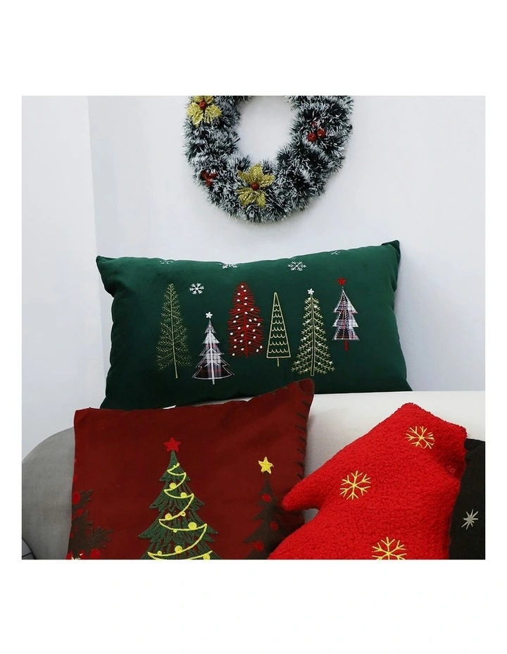 Christmas Forest Embroidered Lumbar Throw Pillow 30cm x2 in Green image 3