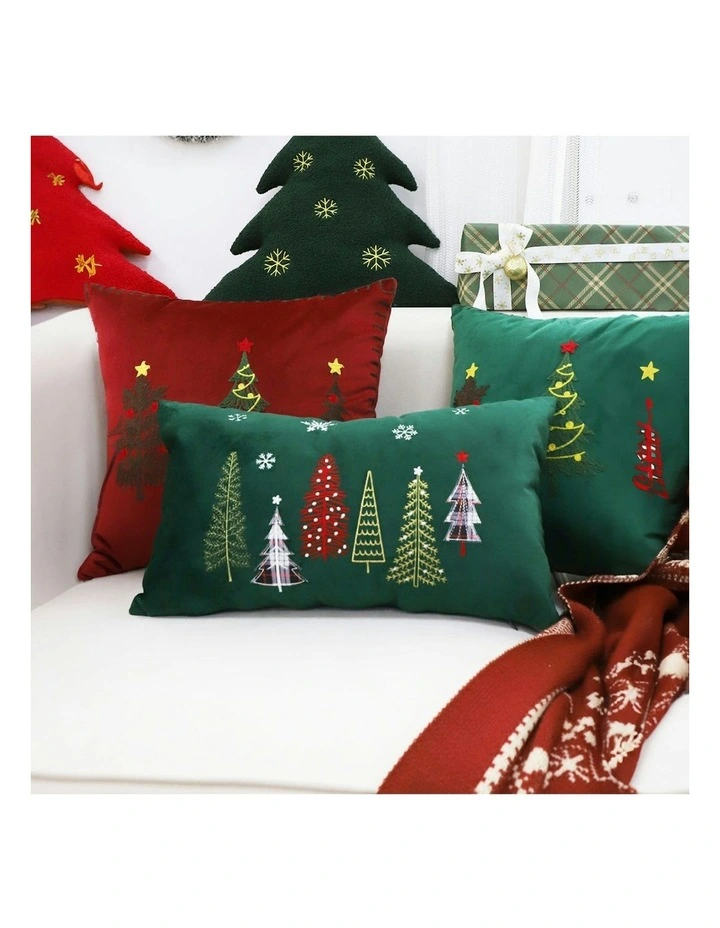 Christmas Forest Embroidered Lumbar Throw Pillow 30cm x2 in Green image 4