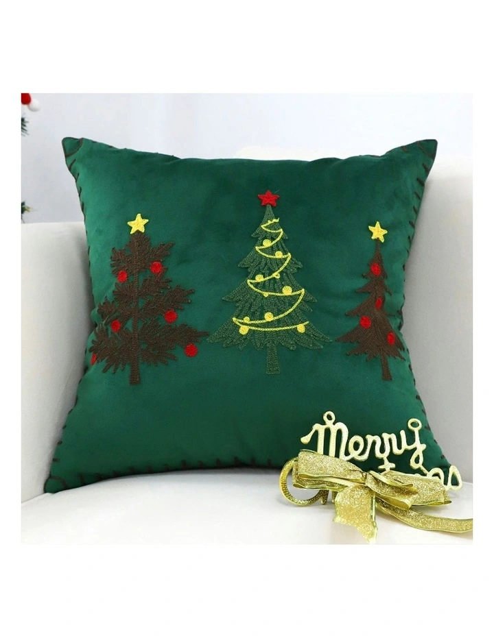 Three Embroidered Christmas Trees for Festive Holiday Throw Pillow in Green image 2