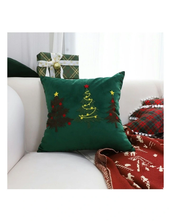 Three Embroidered Christmas Trees for Festive Holiday Throw Pillow in Green image 3