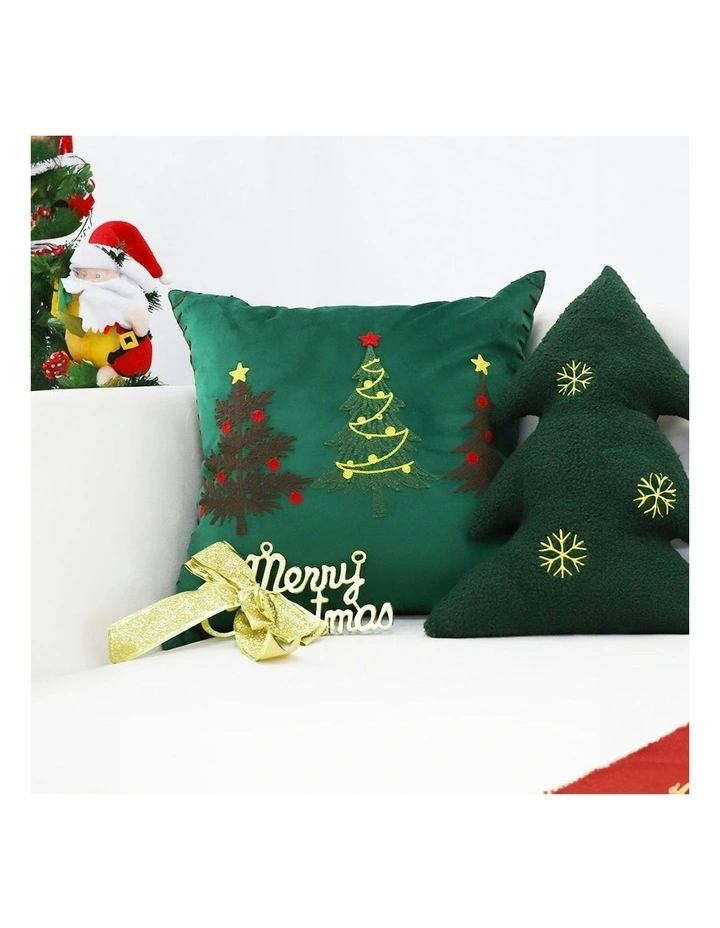 Three Embroidered Christmas Trees for Festive Holiday Throw Pillow in Green image 6