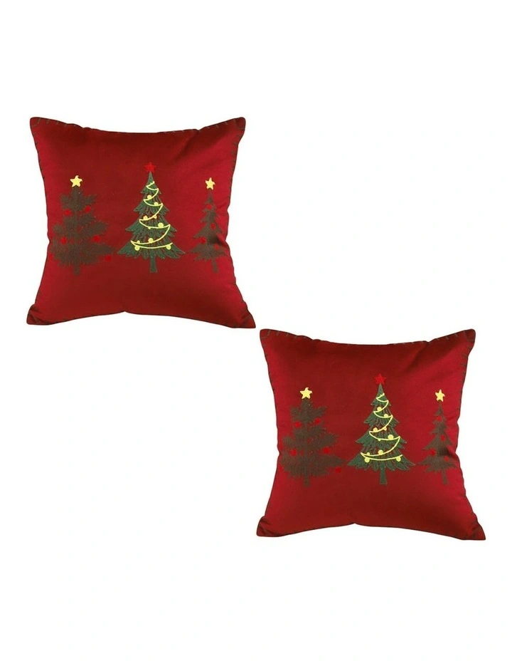 Three Embroidered Christmas Trees Throw Pillow 45cm x2 in Red image 1