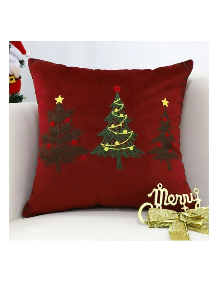 Three Embroidered Christmas Trees Throw Pillow 45cm x2 in Red image 2