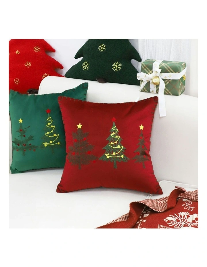Three Embroidered Christmas Trees Throw Pillow 45cm x2 in Red image 3