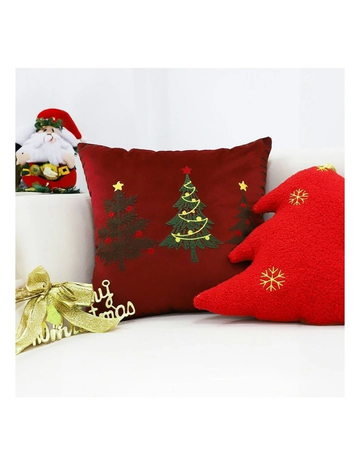 Three Embroidered Christmas Trees Throw Pillow 45cm x2 in Red image 4
