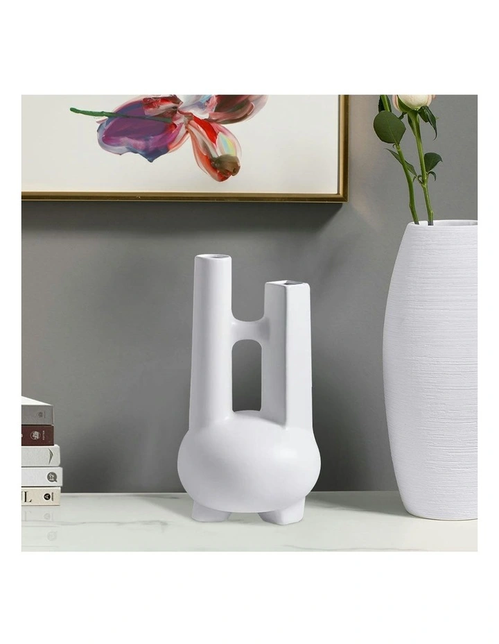 2X Ornament Modern Geometric Double Tube Vase in White image 2