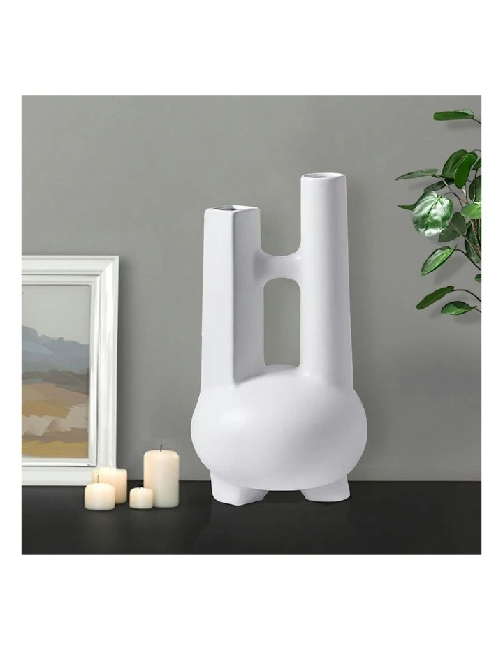 2X Ornament Modern Geometric Double Tube Vase in White image 3