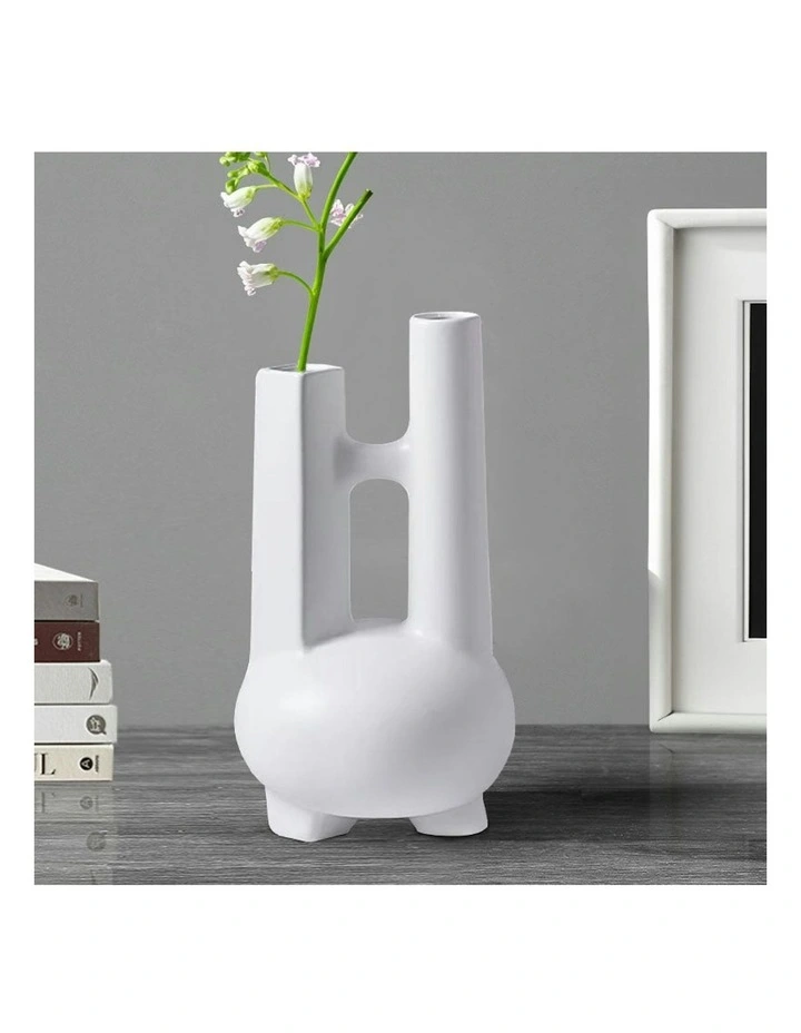 2X Ornament Modern Geometric Double Tube Vase in White image 7