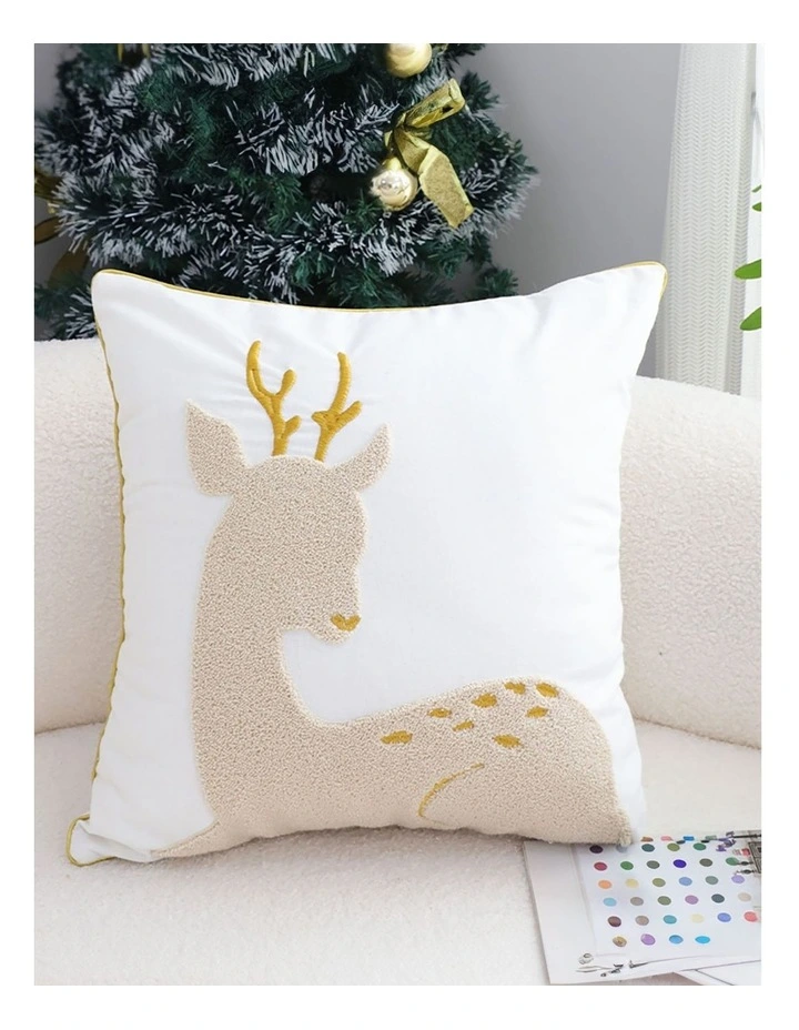 Whimsical Reindeer Applique Gold Accent Throw Pillow 45cm in Beige image 2