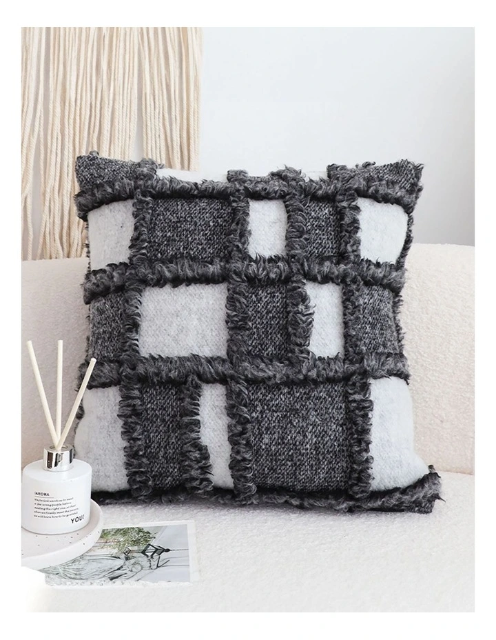 Bohemian Fringe Checkerboard Textured Pillow 50cm in Gray image 2