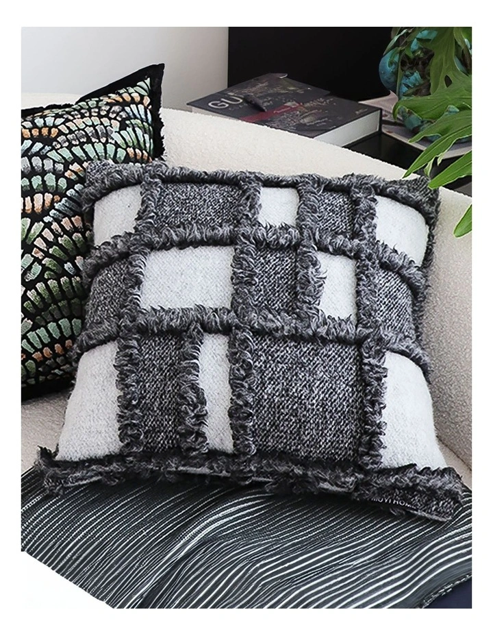 Bohemian Fringe Checkerboard Textured Pillow 50cm in Gray image 3