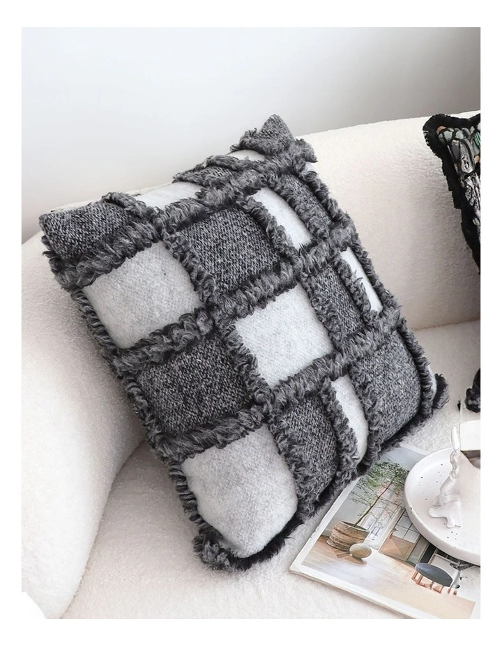 Bohemian Fringe Checkerboard Textured Pillow 50cm in Gray image 4