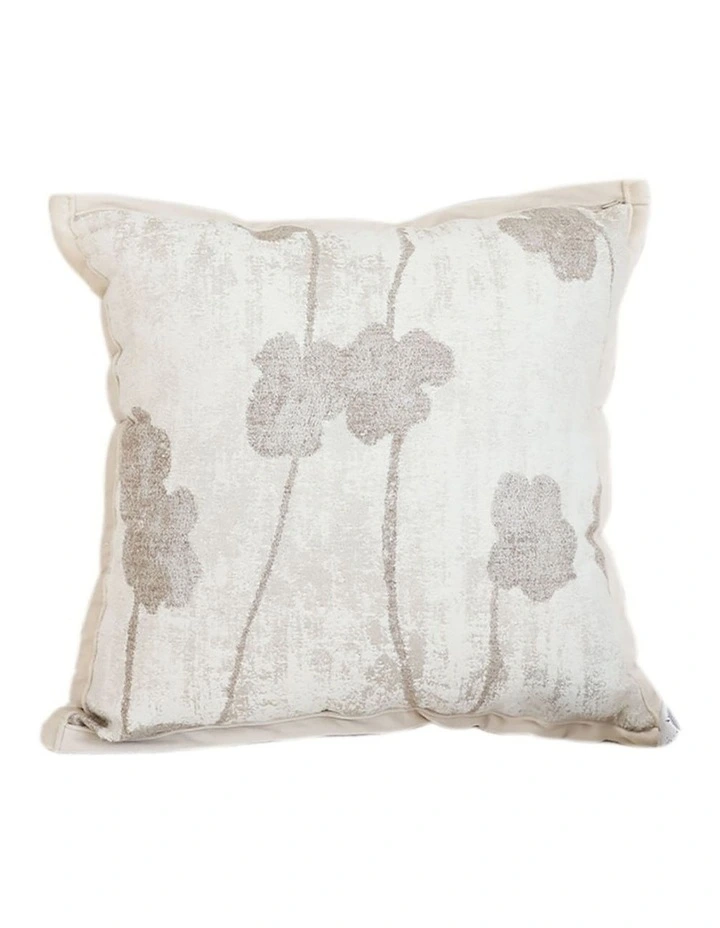 Botanical Poppy Flower Print Linen Decorative Cushion 45cm in Cream image 1