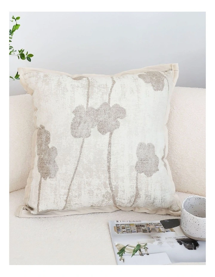 Botanical Poppy Flower Print Linen Decorative Cushion 45cm in Cream image 2