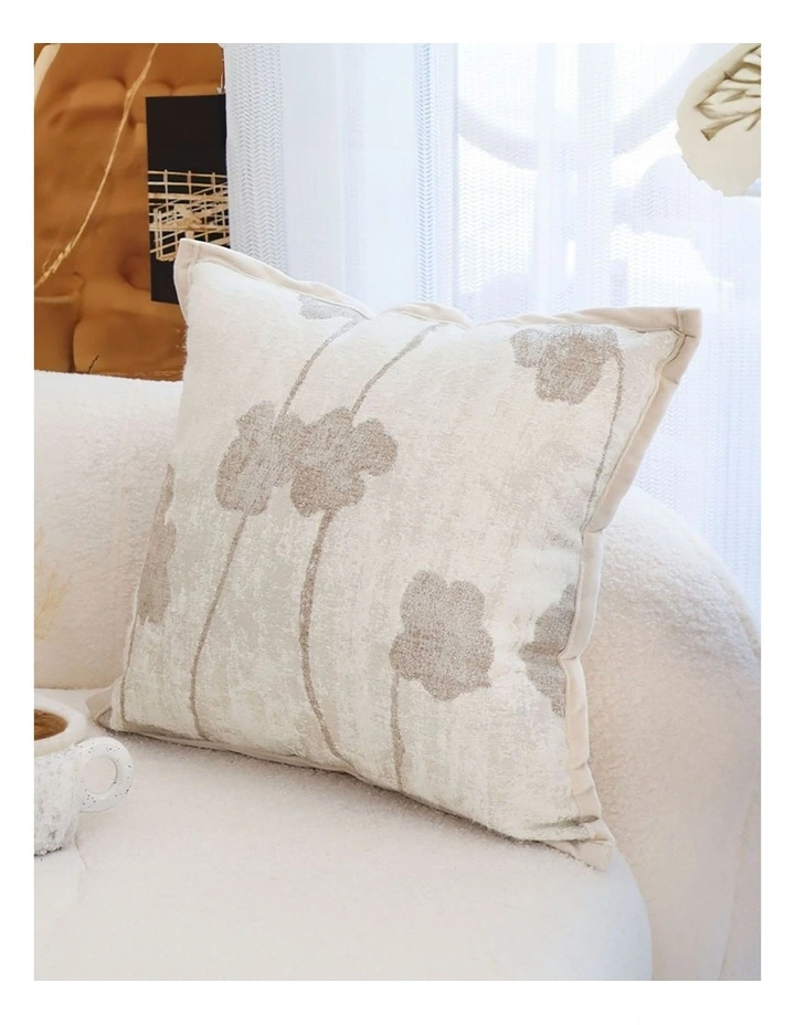 Botanical Poppy Flower Print Linen Decorative Cushion 45cm in Cream image 4