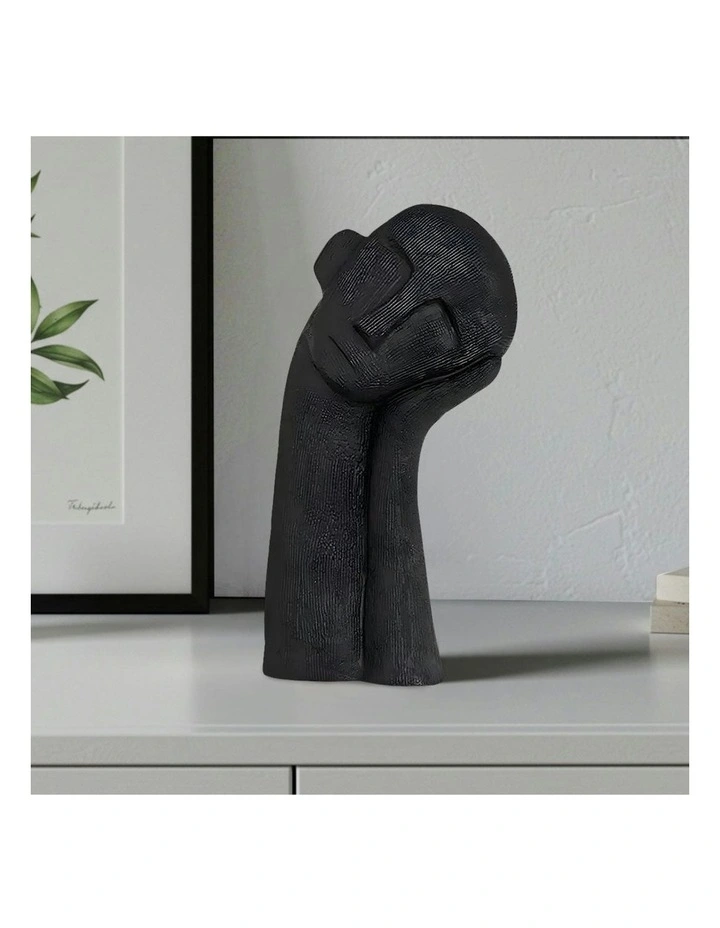 Minimalist Head Resin Sculpture with Hand in Black image 2