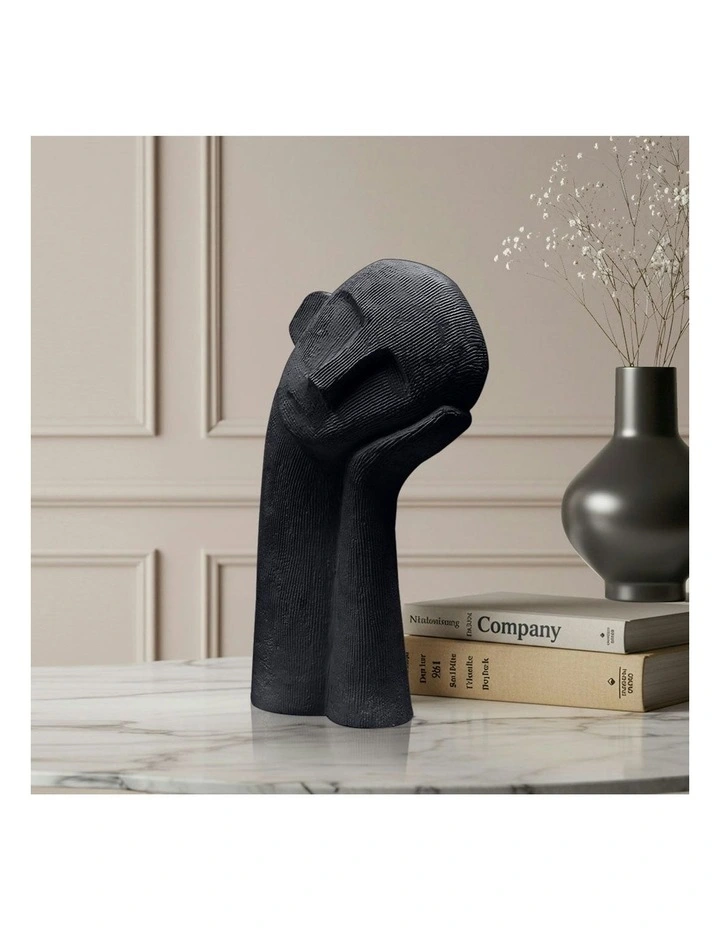 Minimalist Head Resin Sculpture with Hand in Black image 3
