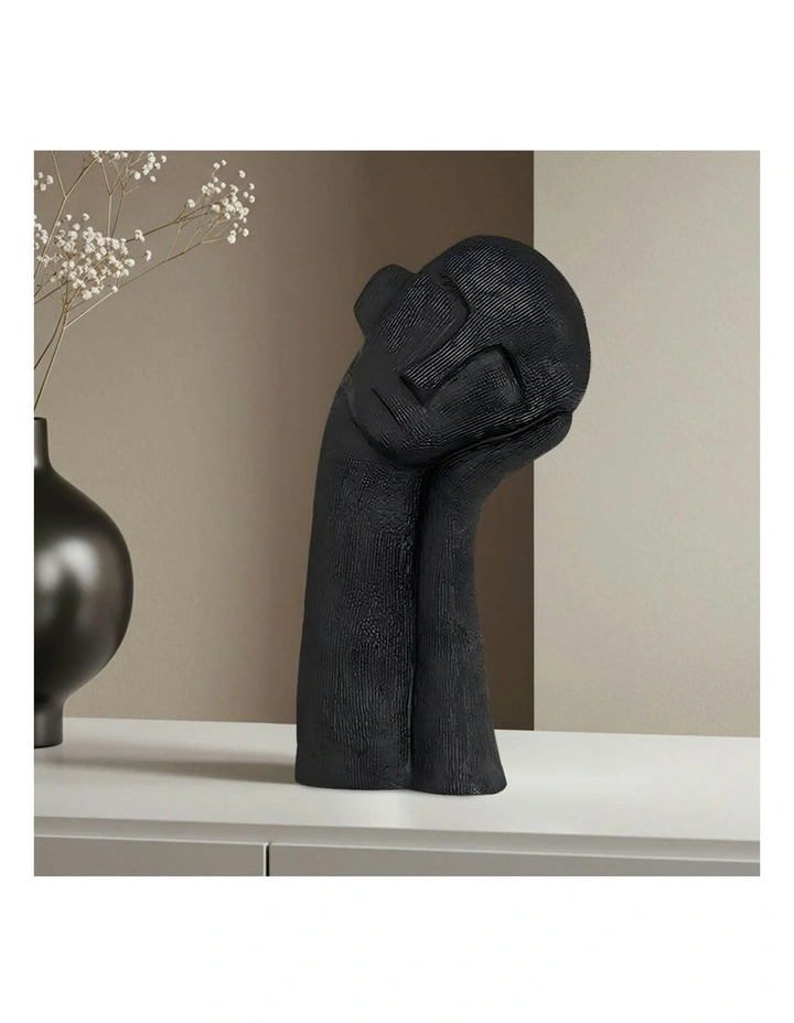 Minimalist Head Resin Sculpture with Hand in Black image 4