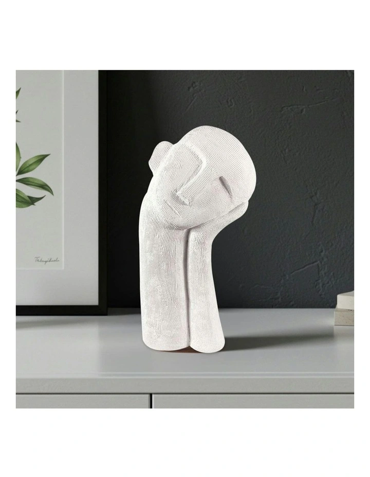 Minimalist Head Resin Sculpture with Hand 38cm in White image 2