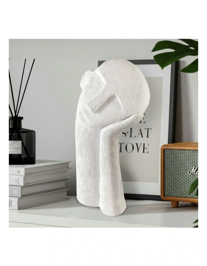 Minimalist Head Resin Sculpture with Hand 38cm in White image 4