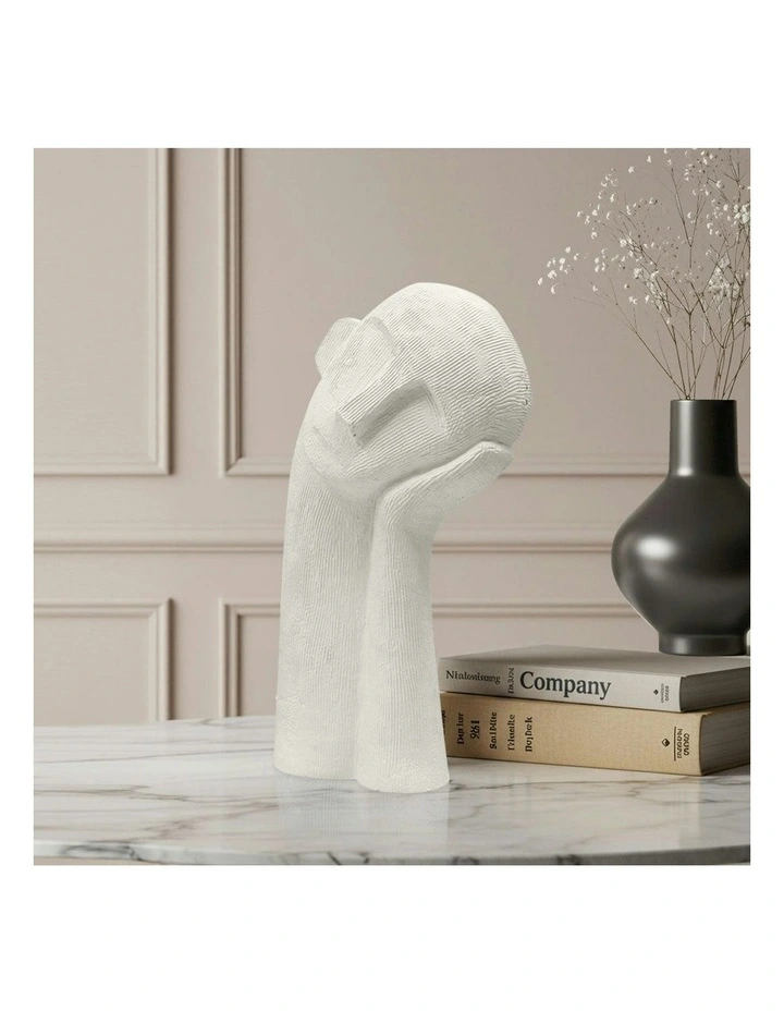 Minimalist Head Resin Sculpture with Hand 38cm in White image 5