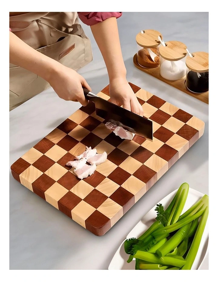 Checkered Patterned Wooden Cutting Board 39x26x3cm in Brown image 4