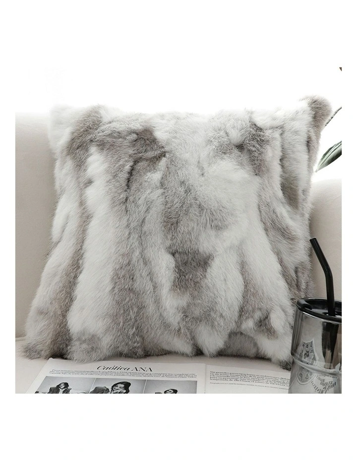 Throw Pillow Floral Gray Rabbit Fur Square Warm Cozy Decorative Cushion Home Decor 45cm image 2