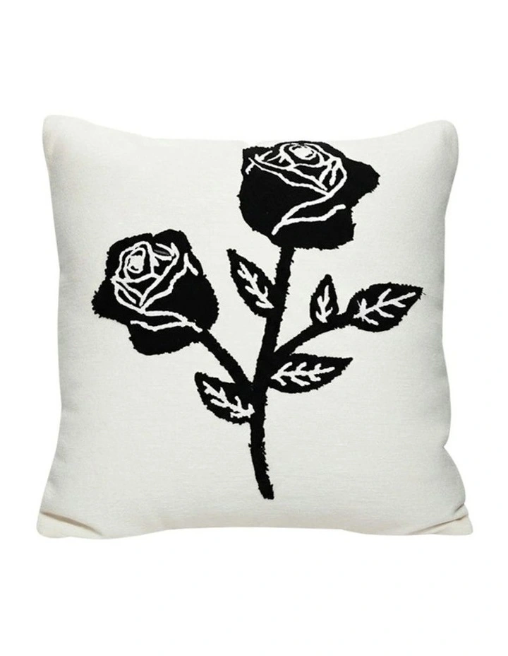 Rose Floral Embroidered Throw Pillow 45cm in White image 1