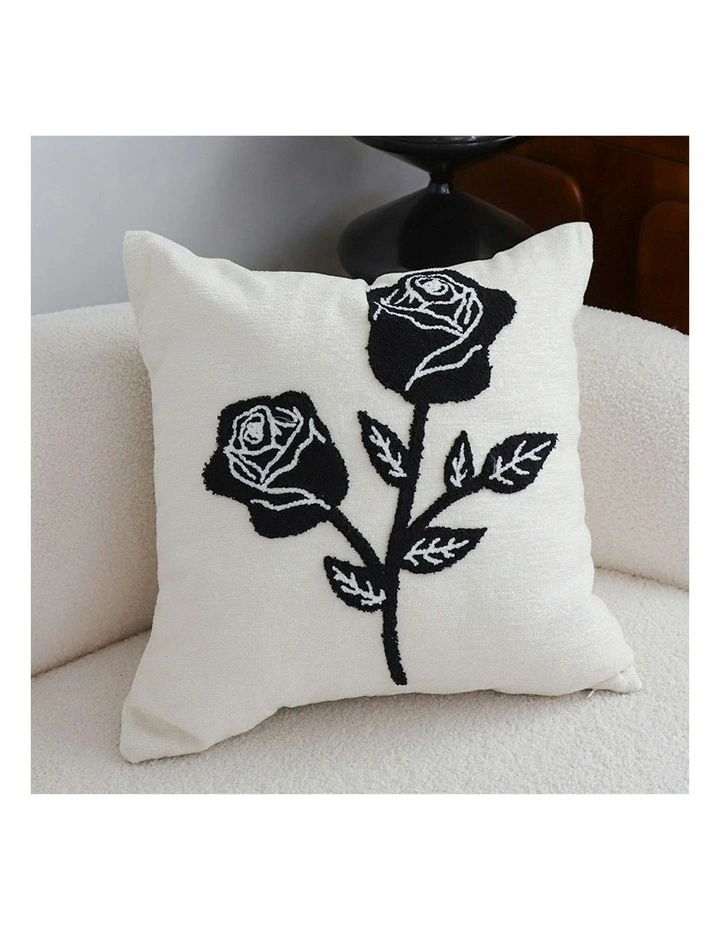 Rose Floral Embroidered Throw Pillow 45cm in White image 2