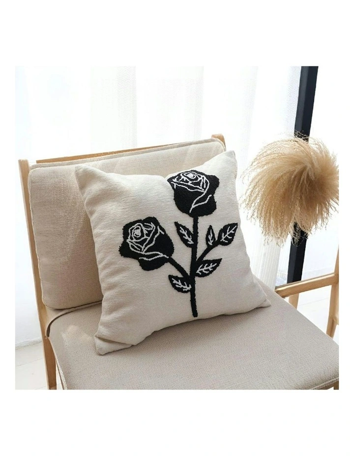 Rose Floral Embroidered Throw Pillow 45cm in White image 3