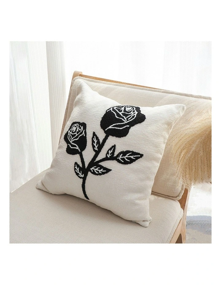 Rose Floral Embroidered Throw Pillow 45cm in White image 4