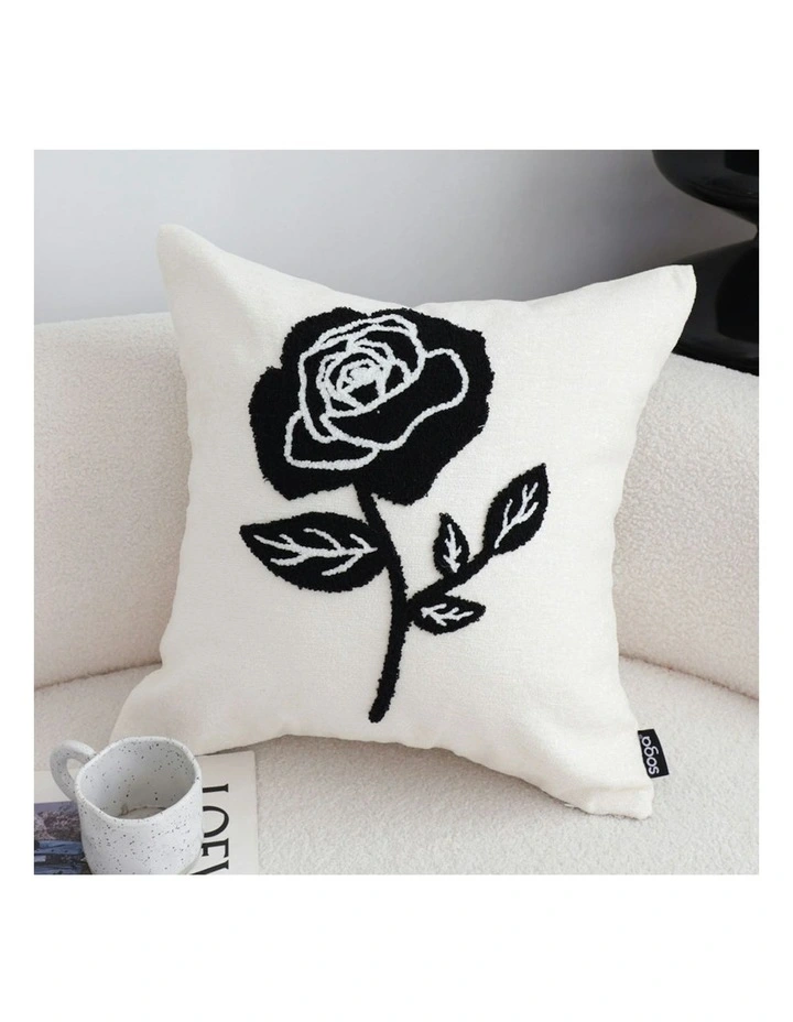 Single Rose Embroidered Throw Pillow 45cm in White image 3