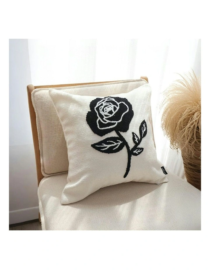 Single Rose Embroidered Throw Pillow 45cm in White image 4