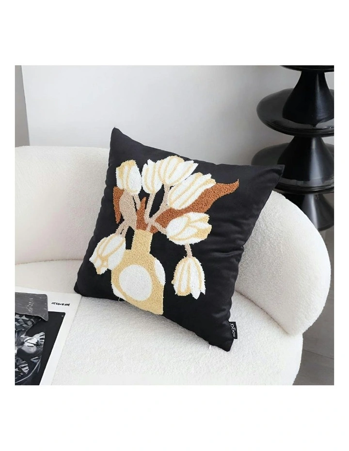 Floral Vase Embroidered Throw Pillow 45cm in Black image 2