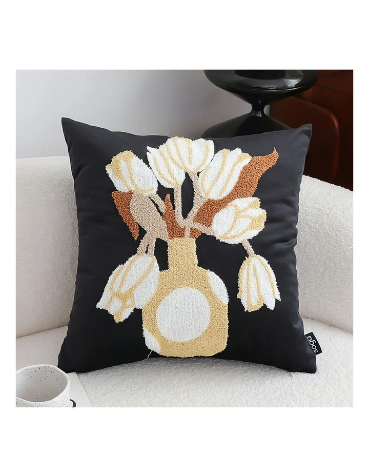 Floral Vase Embroidered Throw Pillow 45cm in Black image 3
