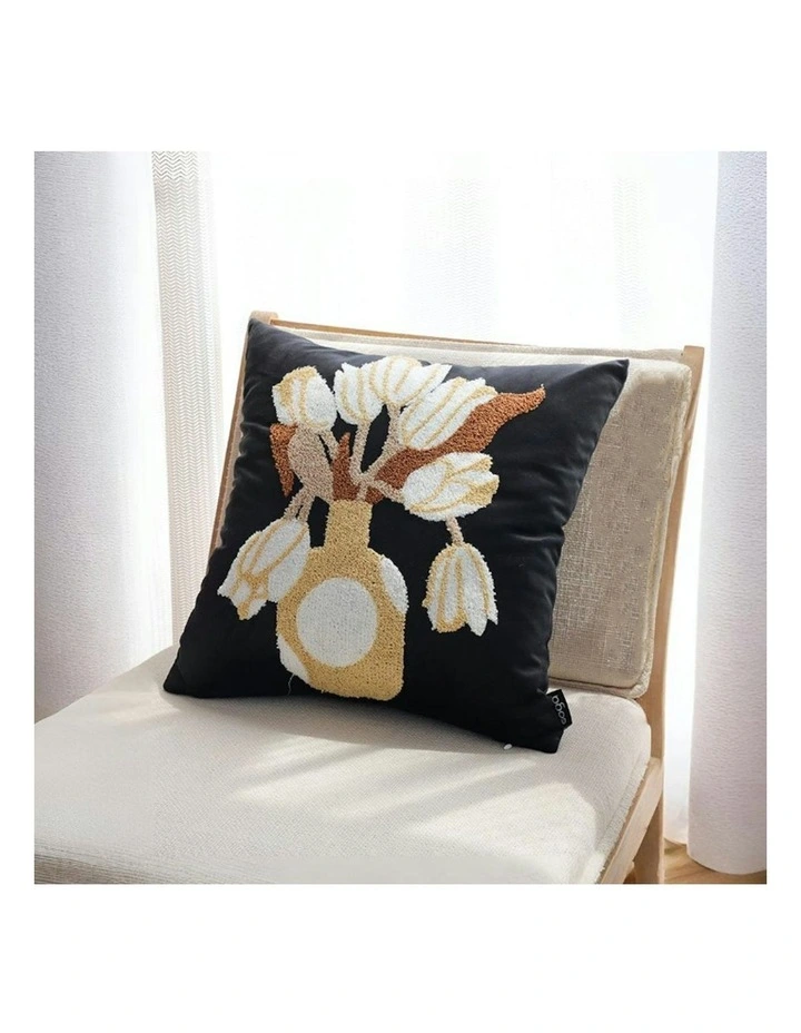 Floral Vase Embroidered Throw Pillow 45cm in Black image 4