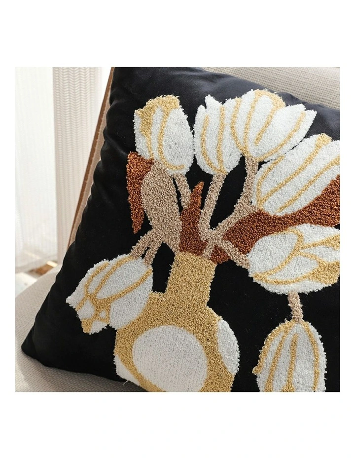 Floral Vase Embroidered Throw Pillow 45cm in Black image 6