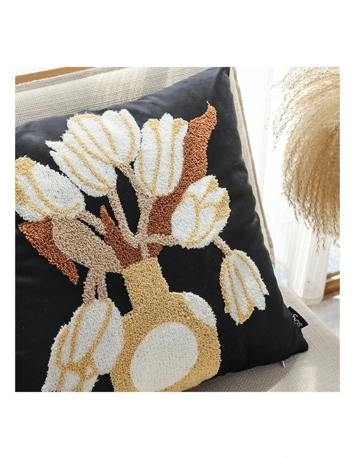 Floral Vase Embroidered Throw Pillow 45cm in Black image 7