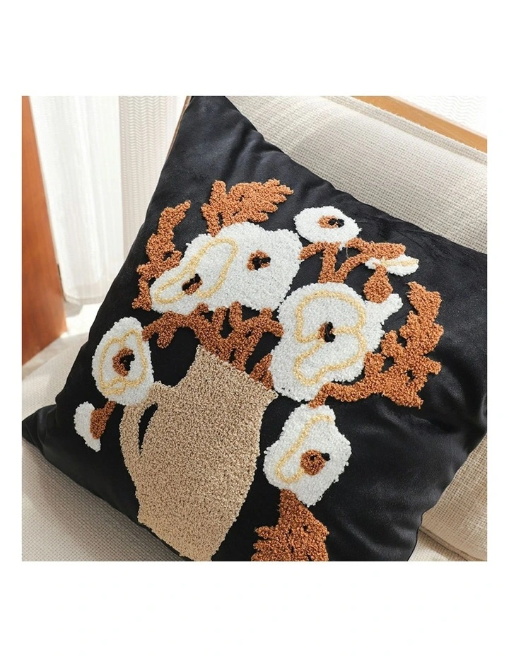 Floral Bouquet Embroidered Throw Pillow 45cm in Black image 2