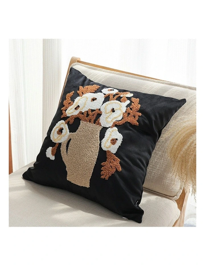 Floral Bouquet Embroidered Throw Pillow 45cm in Black image 4