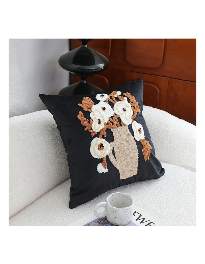 Floral Bouquet Embroidered Throw Pillow 45cm in Black image 6