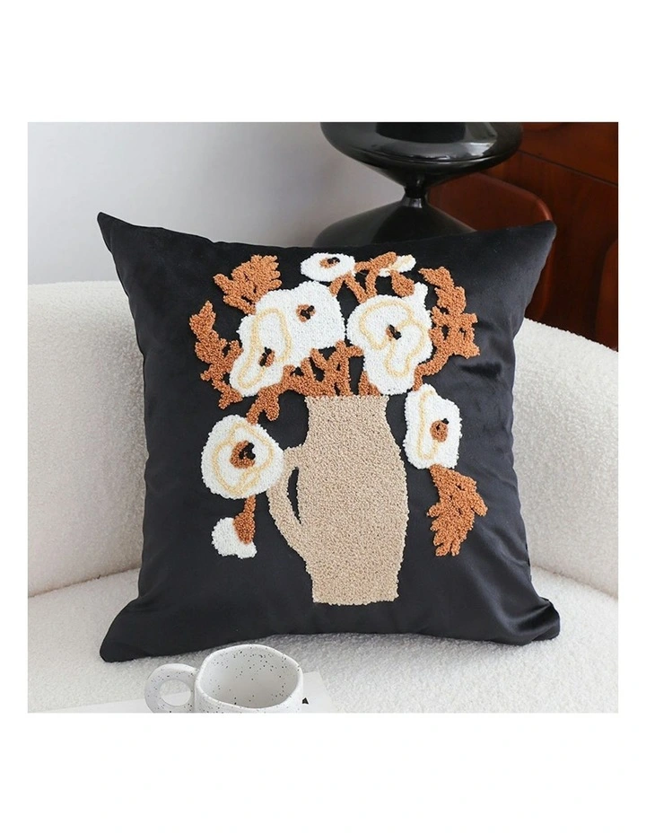 Floral Bouquet Embroidered Throw Pillow 45cm in Black image 7
