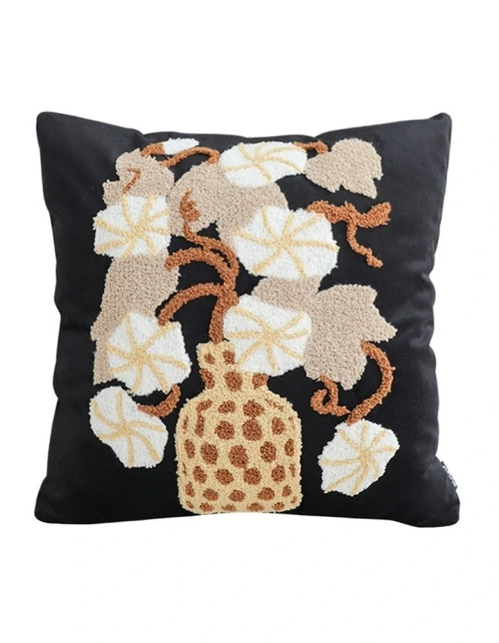 Basket Floral Embroidered Throw Pillow 45cm in Black image 1