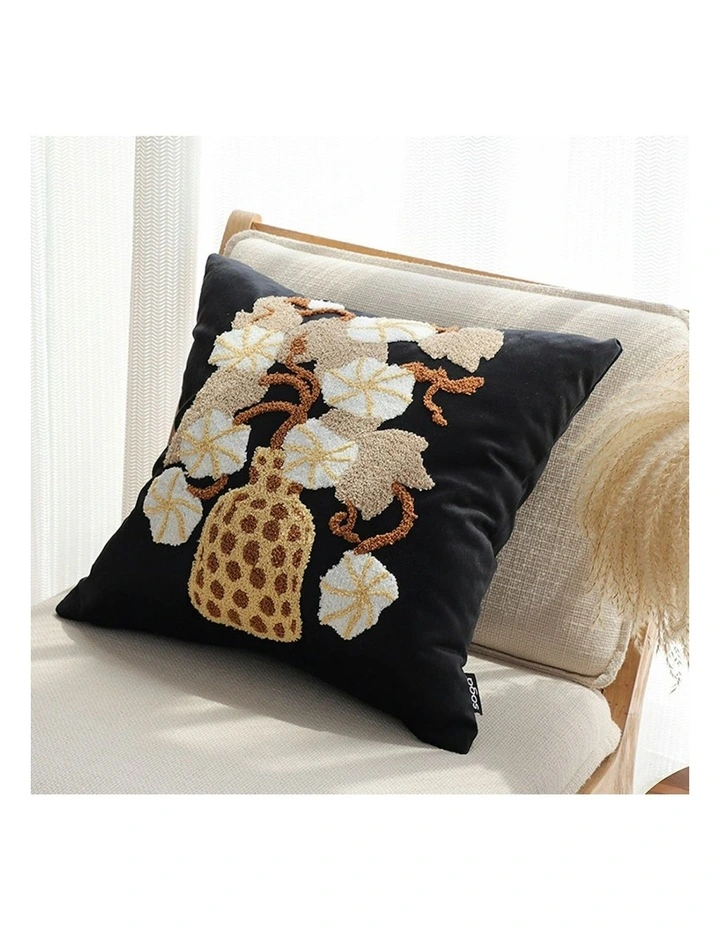 Basket Floral Embroidered Throw Pillow 45cm in Black image 4