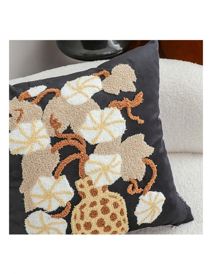 Basket Floral Embroidered Throw Pillow 45cm in Black image 6